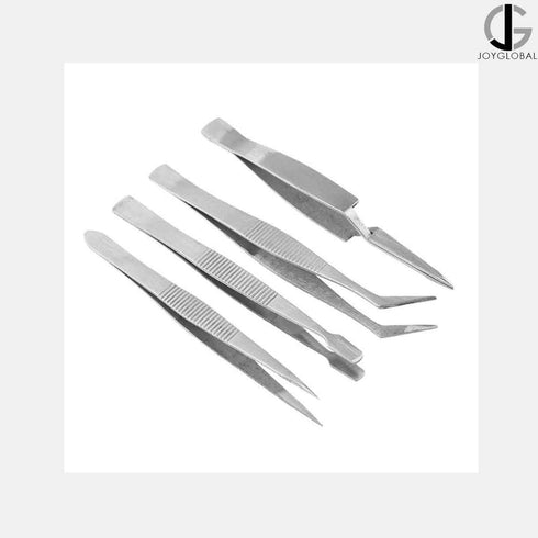 JoyGlobal Stainless Steel Tweezers - Set of 4 Pieces